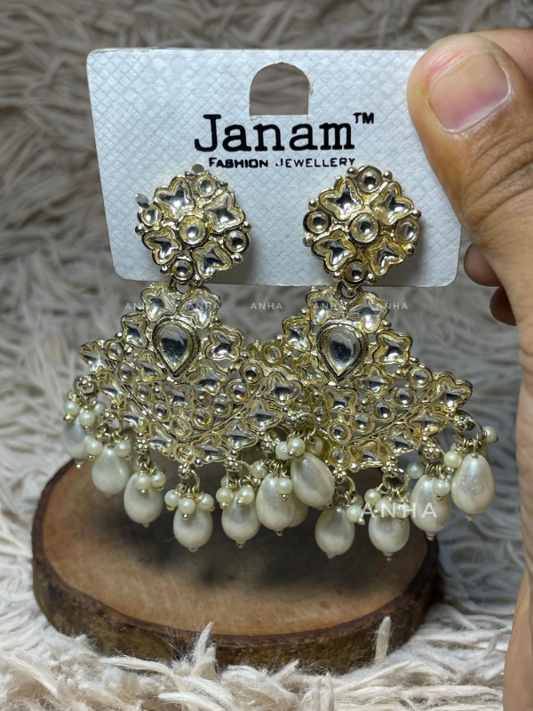 White Gold Pearl Kundan Chandbali Earrings