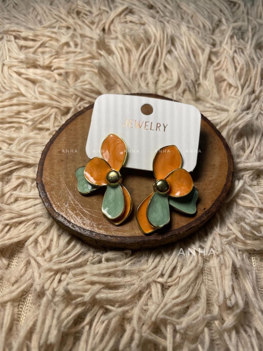 Orange- Green Leaf Earring