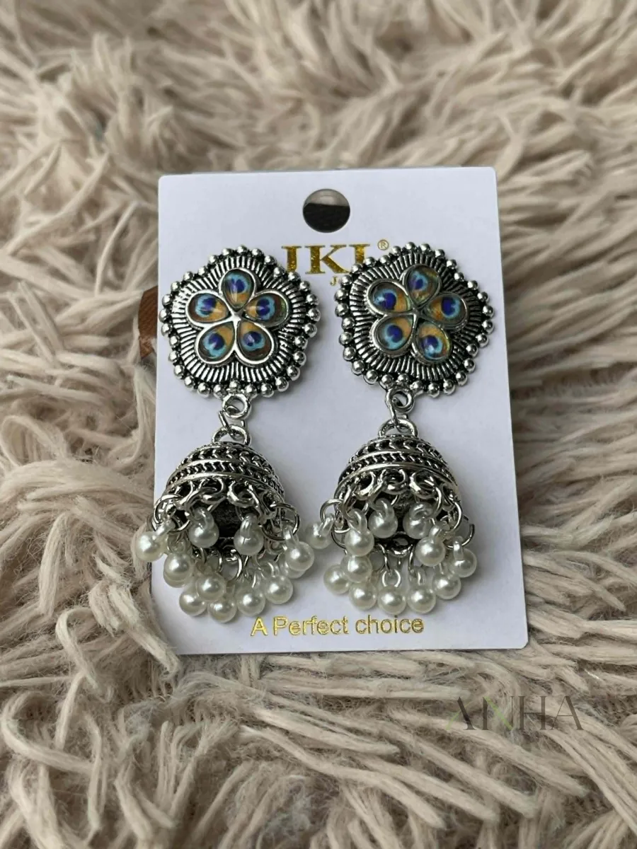 Peacock Flower Silver Jhumka